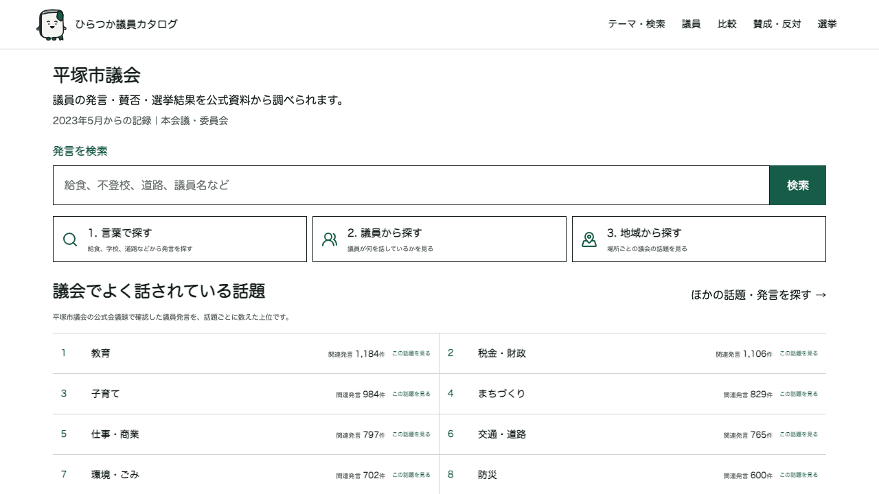 ひらつか議員カタログのトップ画面。発言検索と主な入口が表示されている