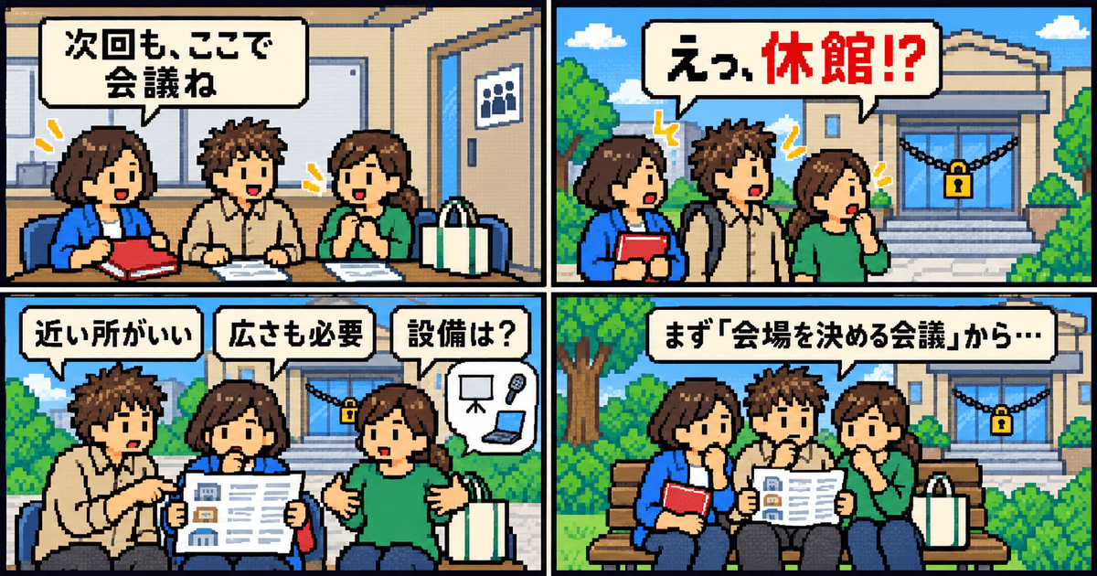 中央公民館の休館後、代替会場を決める市民団体を描いた16bit風4コマ漫画